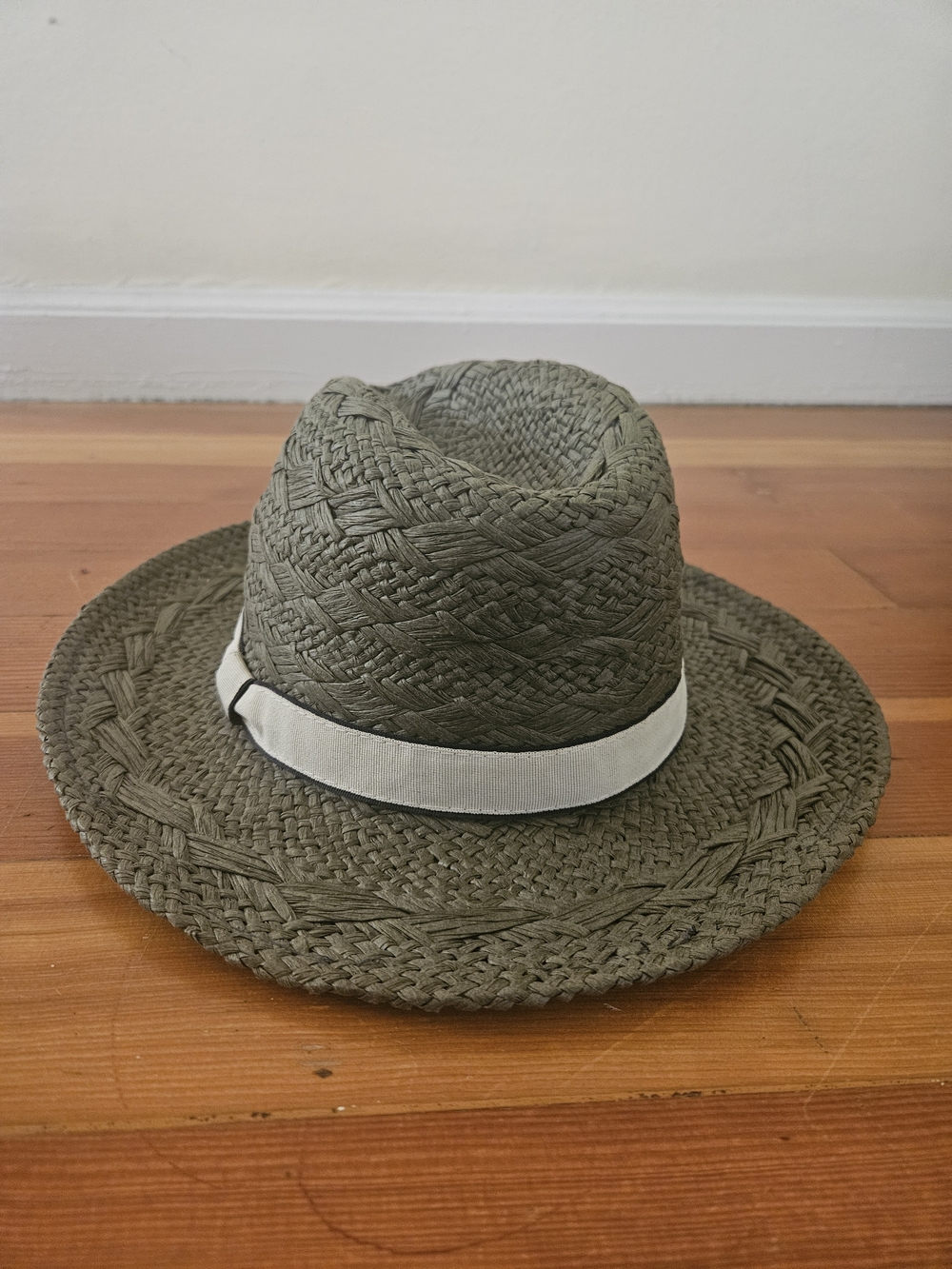 Olive Green Straw Fedora with Ivory Band